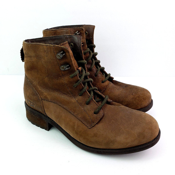 UGG Denhali Womens Size 9.5 Brown Leather Lace Up Shearling Ankle Boots 1007745 - Picture 1 of 12